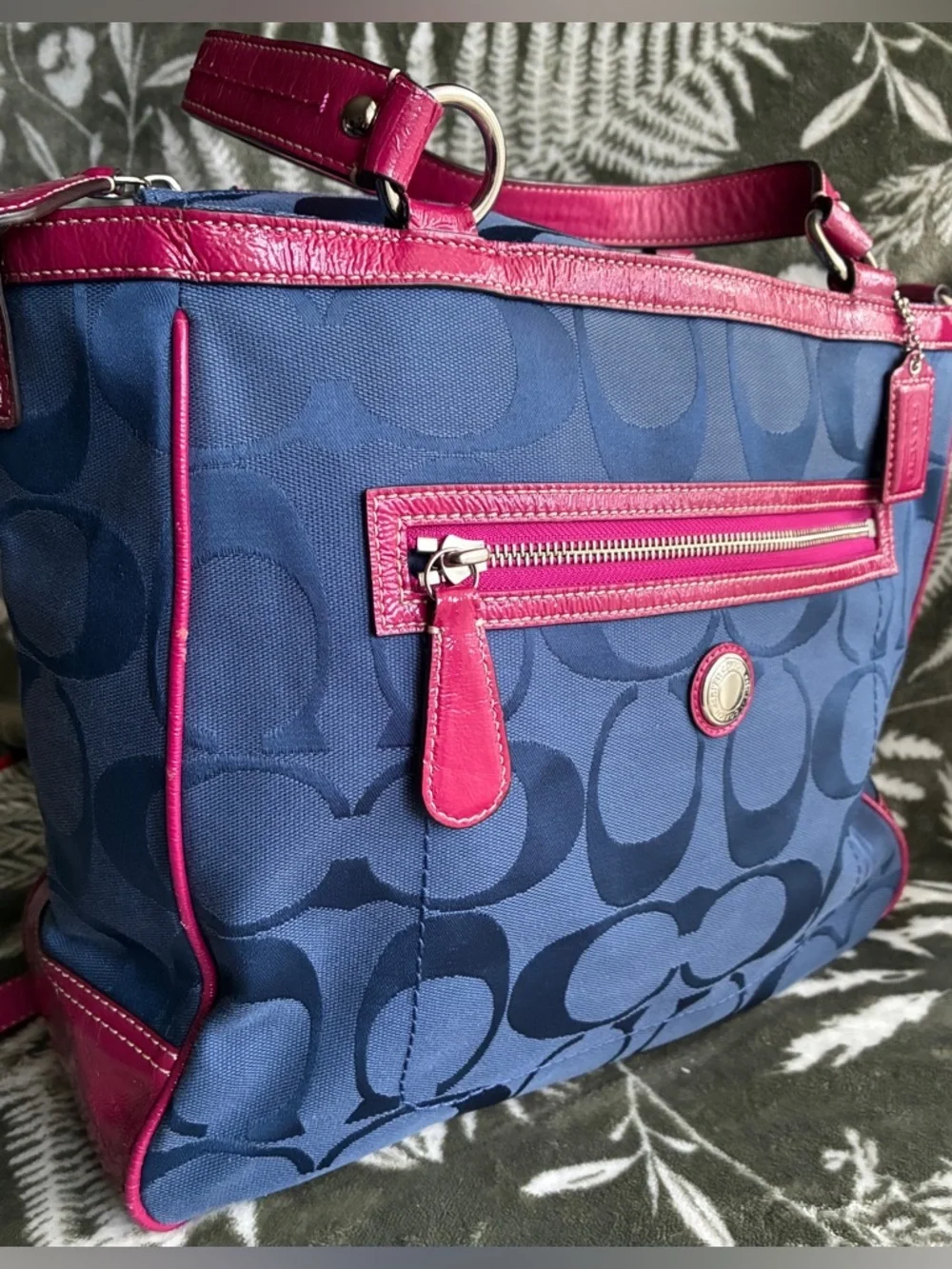 Coach Navy Signature shoulder Bag with Pink Leather Trim